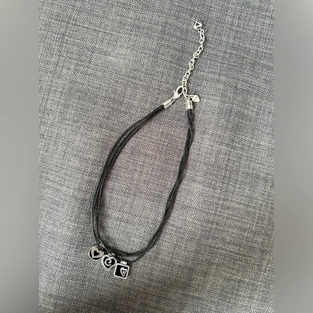 Brighton Cord Reversible Token Charm Black Stainless Silver Cord Necklace 15-18”